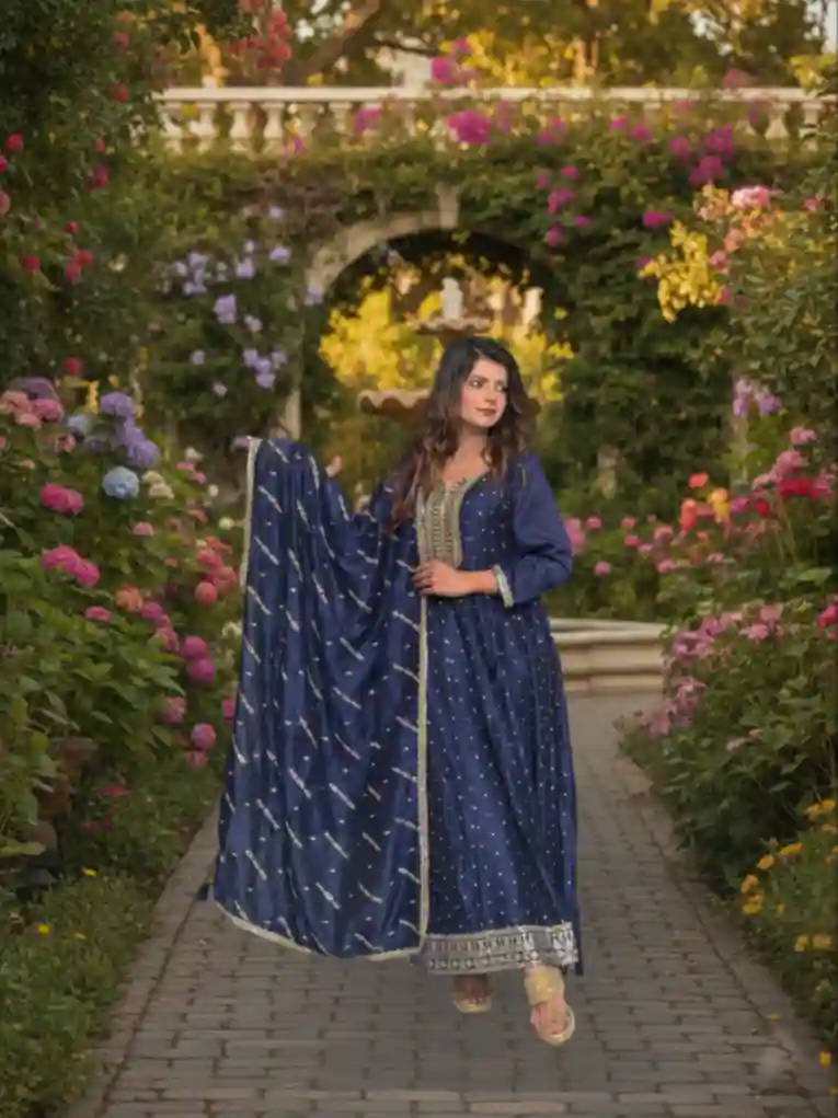 Navy Blue Silk Blend Anarkali Suit