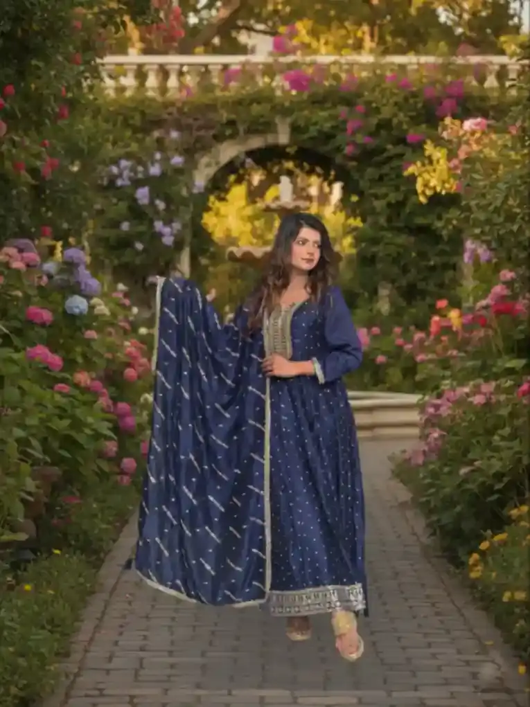 Navy Blue Silk Blend Anarkali Suit