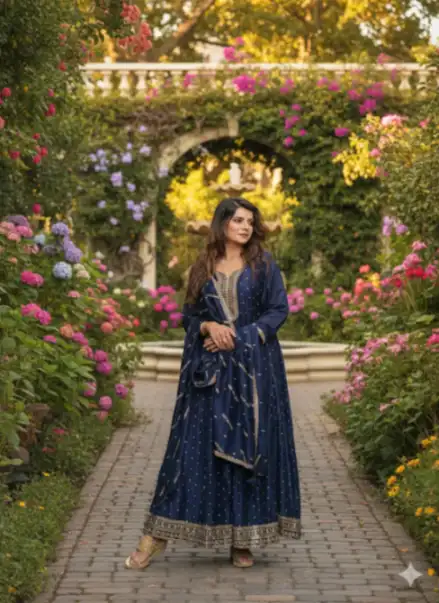 Navy Blue Silk Blend Anarkali Suit
