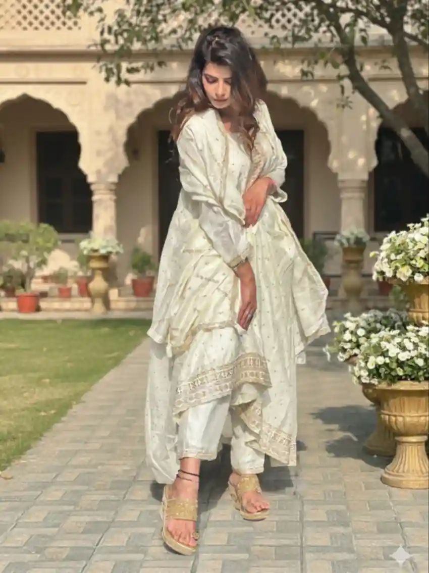 Pearl White Silk Blend Anarkali Suit