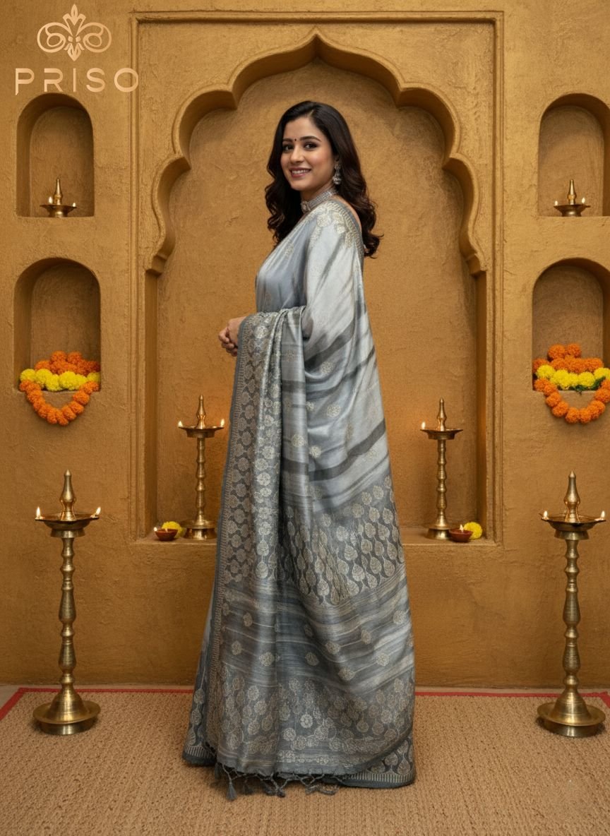 Elegant Silver/Grey Silk Saree with Traditional Motifs