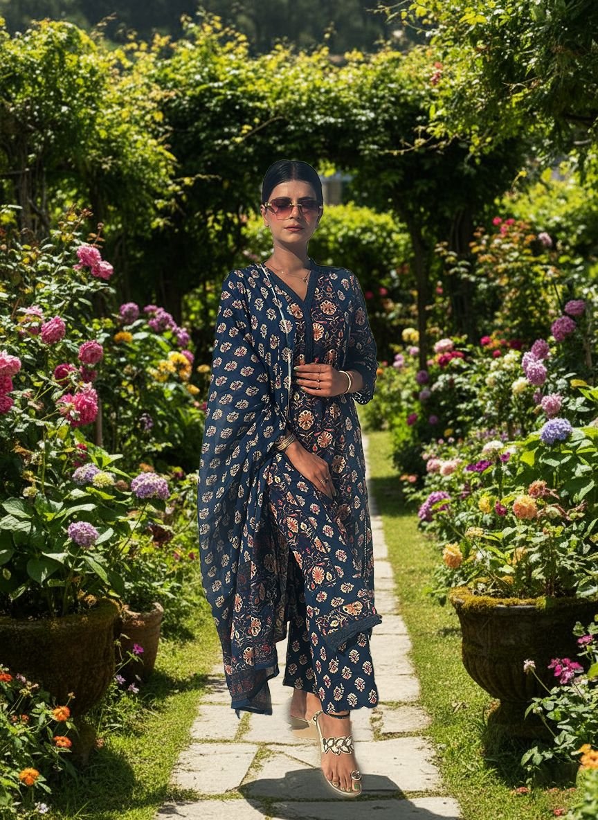 Navy blue muslin cotton suit