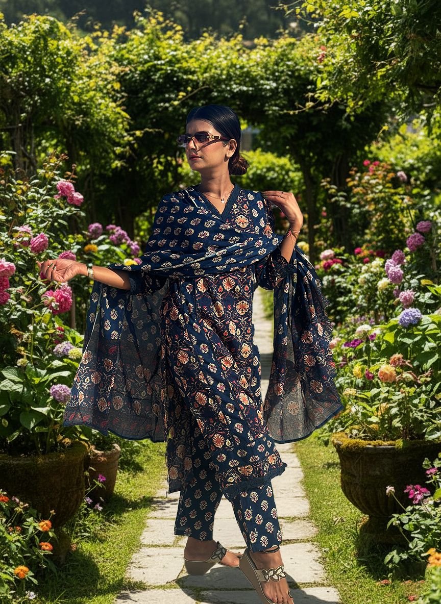 Navy blue muslin cotton suit