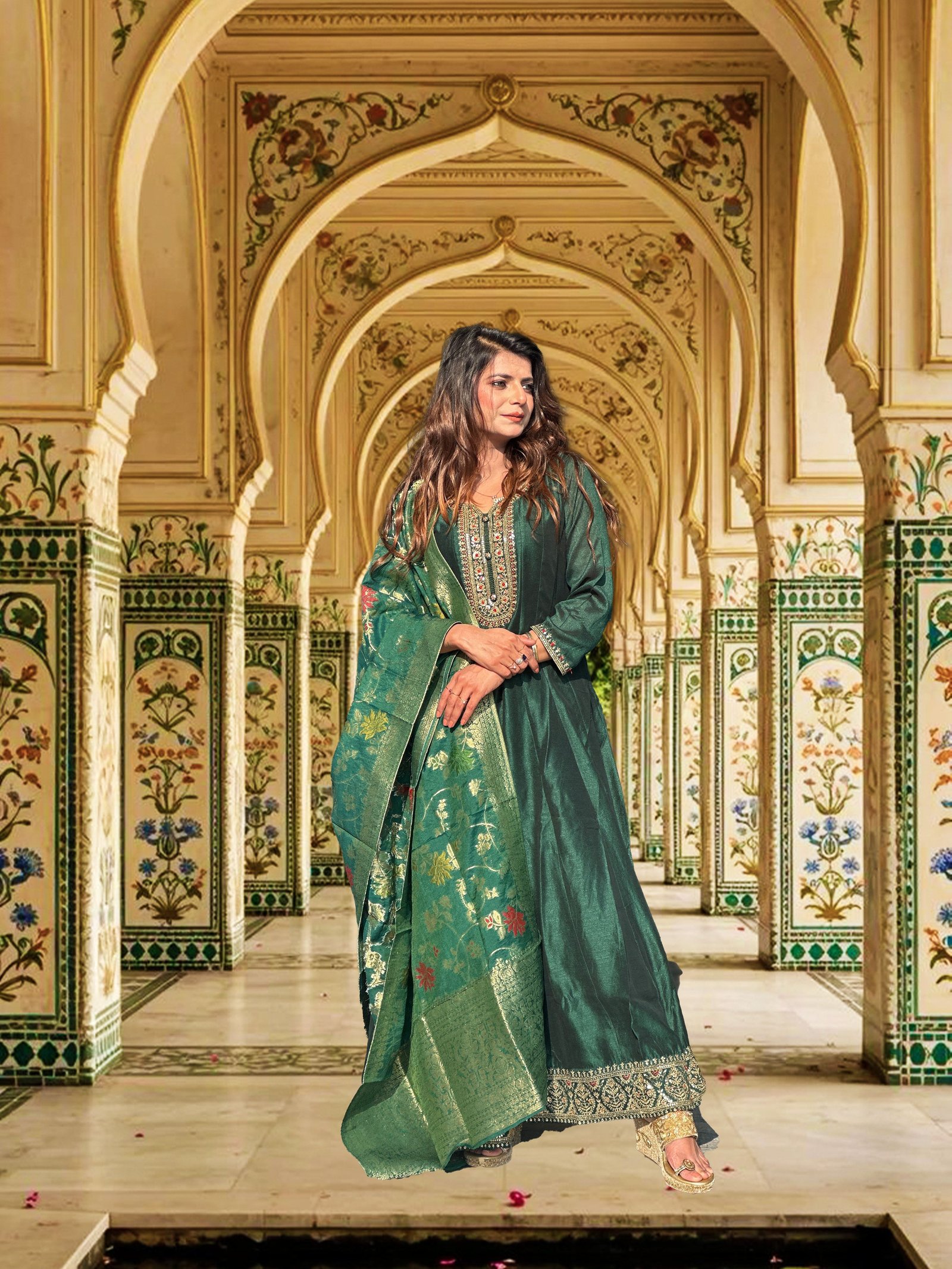 Emerald Green Silk Blend Anarkali Suit