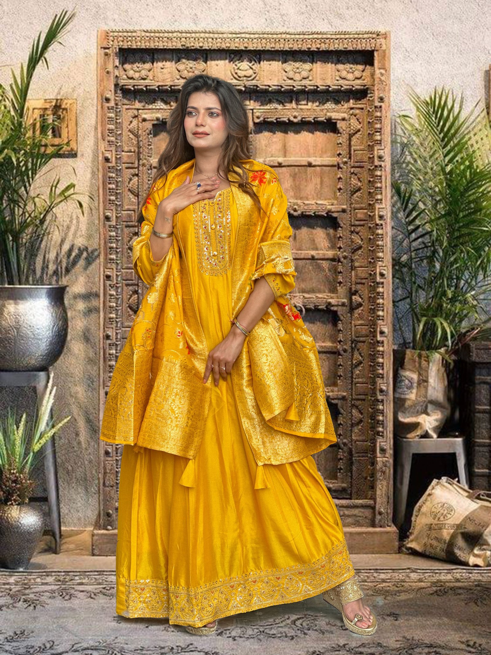 Mustard Yellow / Golden Yellow Silk Blend Anarkali Suit