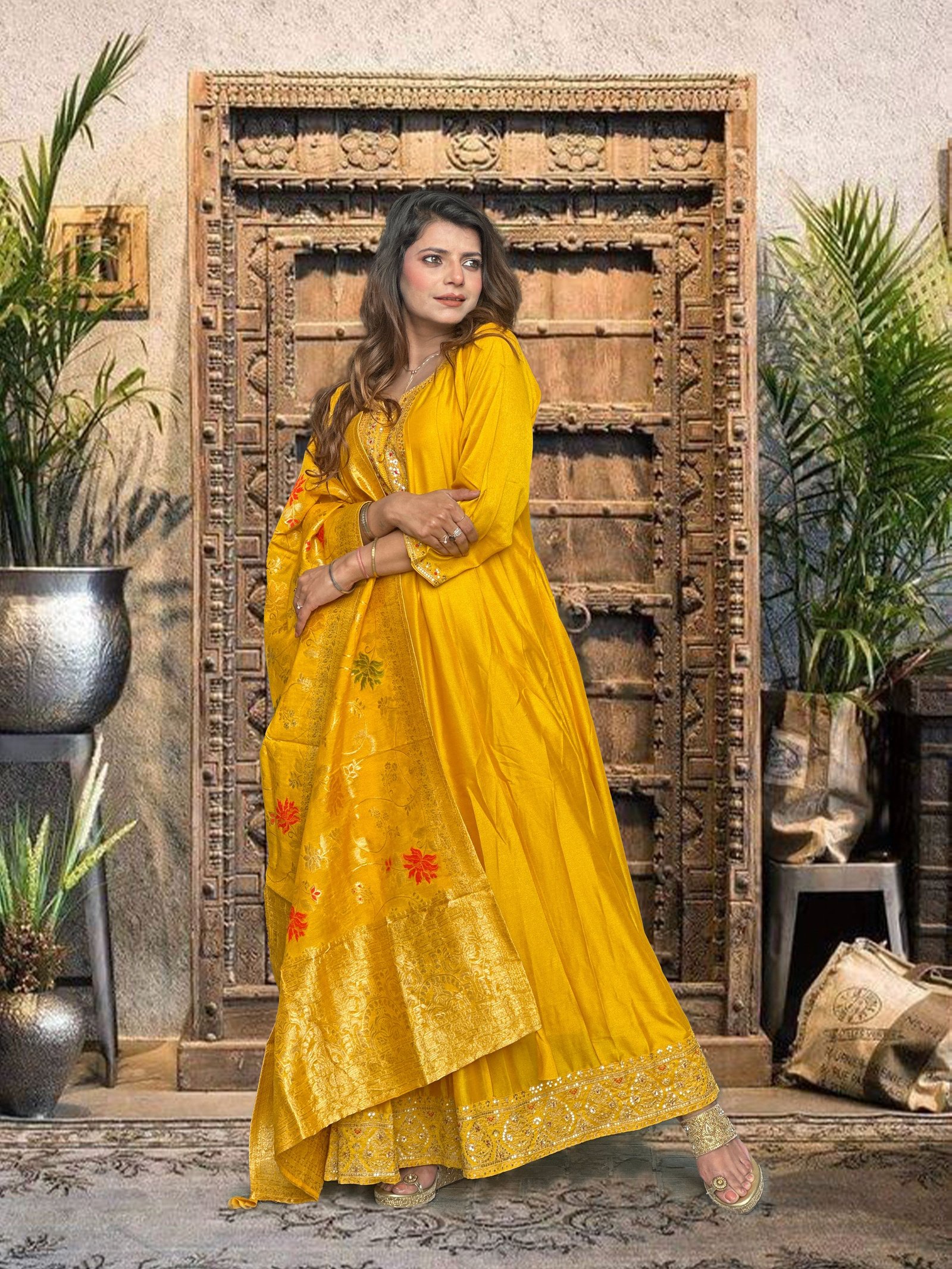 Mustard Yellow / Golden Yellow Silk Blend Anarkali Suit